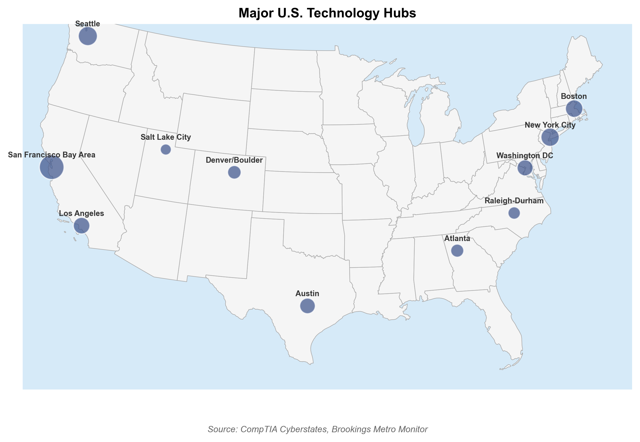 Map of U.S. tech centers: Silicon Valley, Seattle, Austin, Boston, and New York