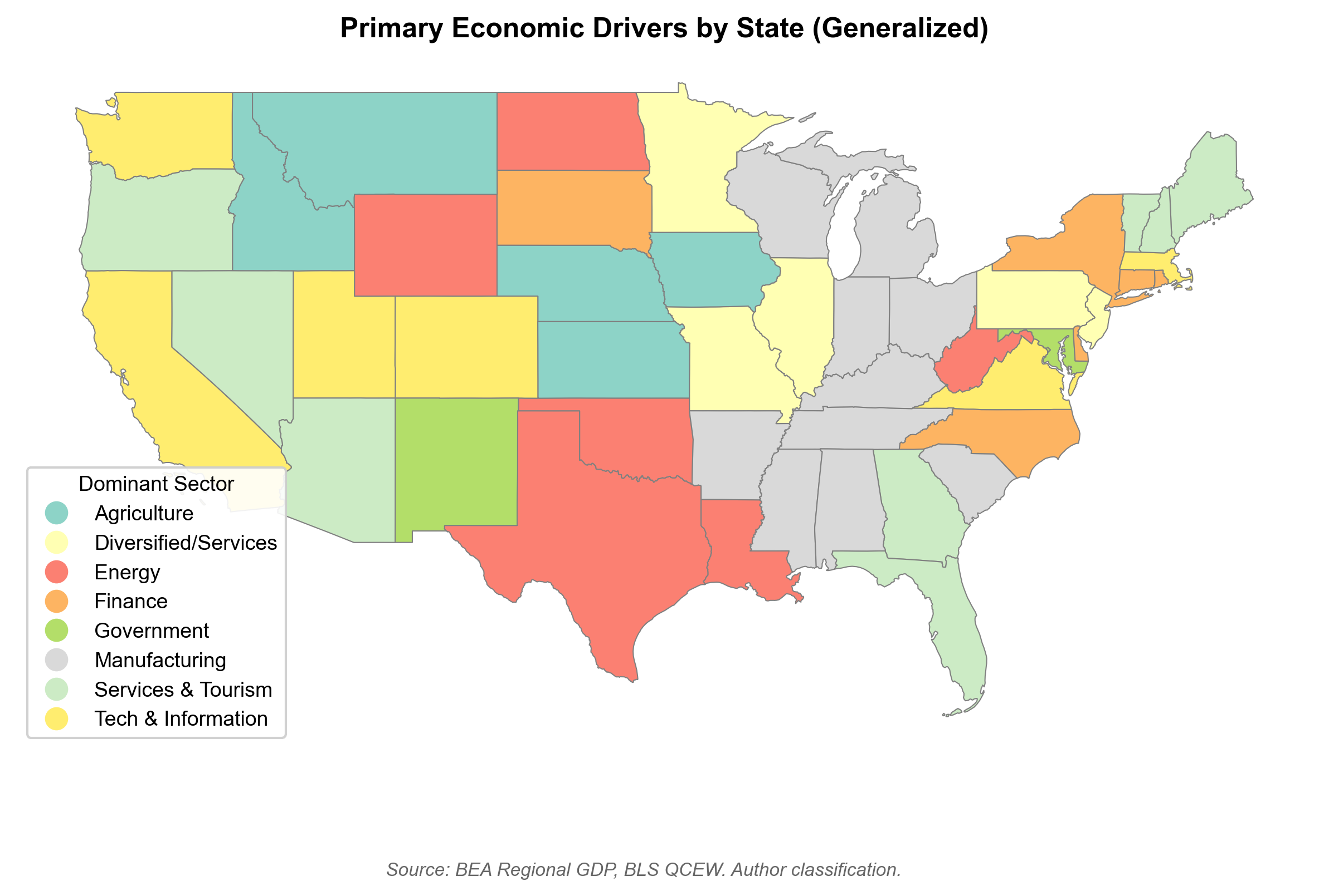 Map showing each state's dominant industry sector by GDP share
