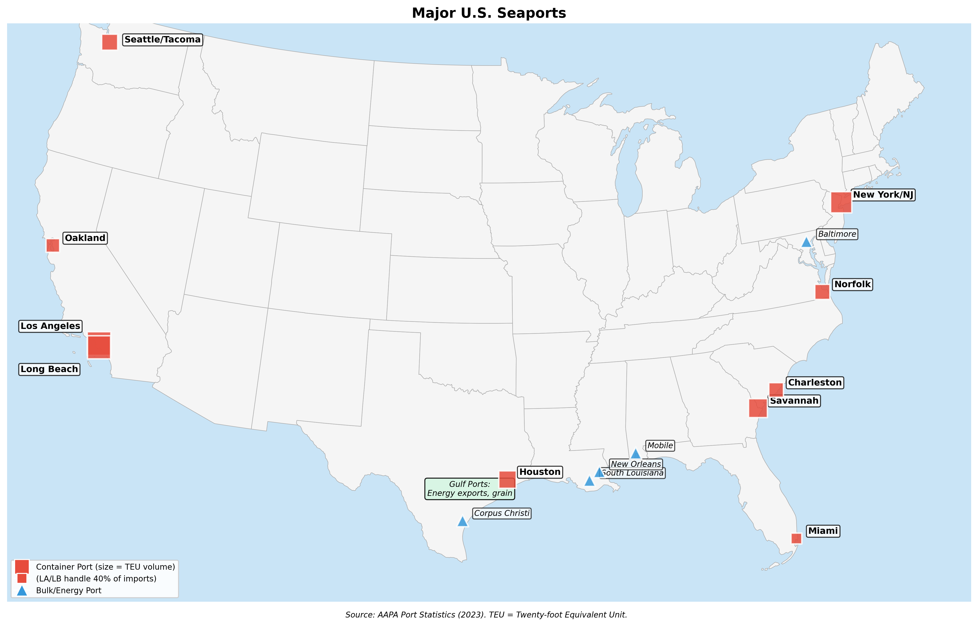 Map of major U.S. seaports on Atlantic, Gulf, and Pacific coasts