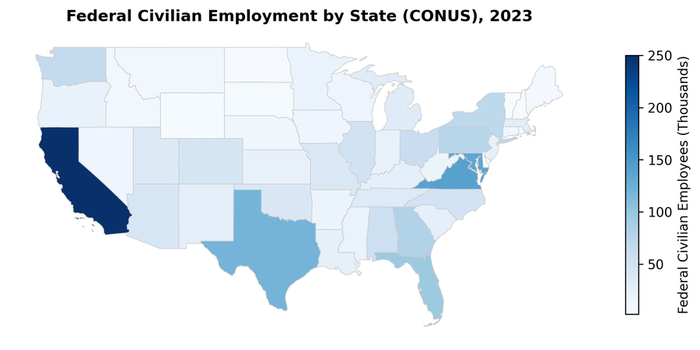 Map of federal civilian employment concentrated in DC metro, military bases, and federal lands