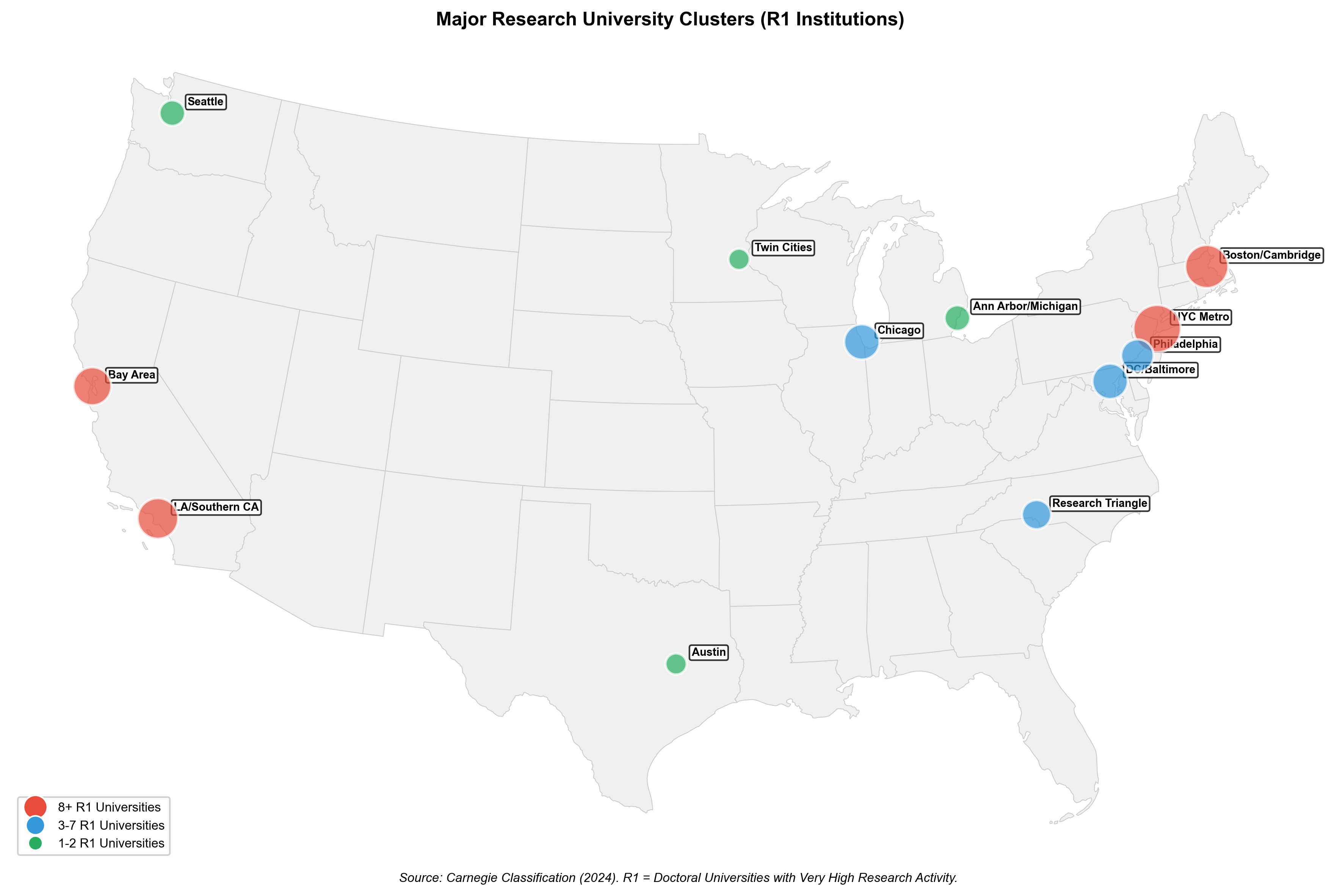 Map of major research university clusters: Boston, Bay Area, Research Triangle, and Big Ten corridor